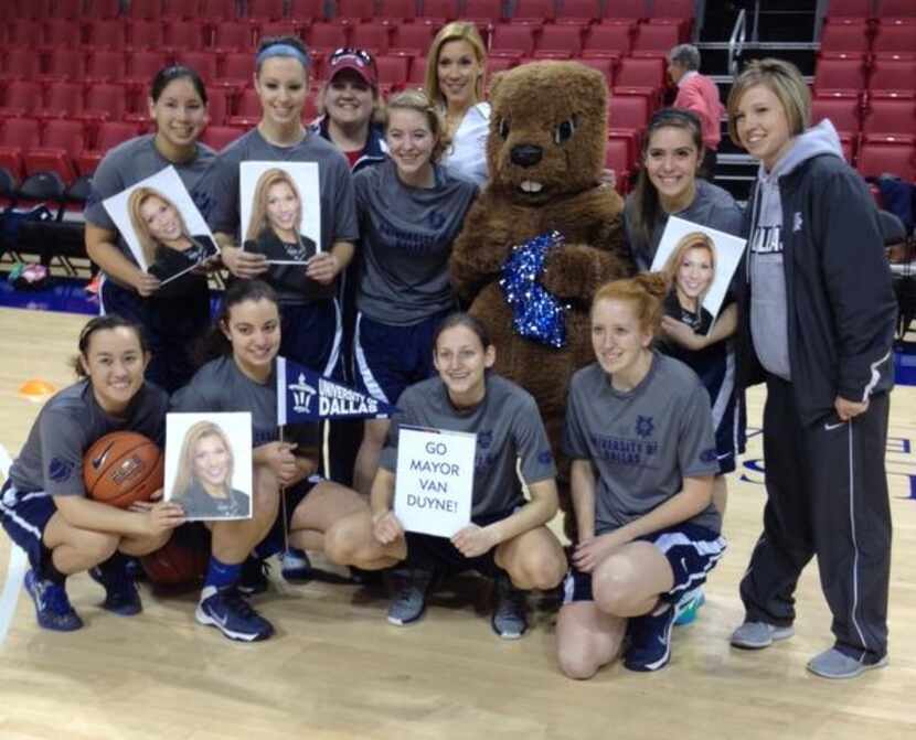Irving Mayor Beth Van Duyne and the University of Dallas freshmen women’s basketball players...