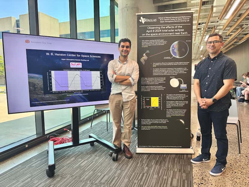Isaac Wright and Fabiano Rodrigues of the University of Texas at Dallas stand with a plot of...