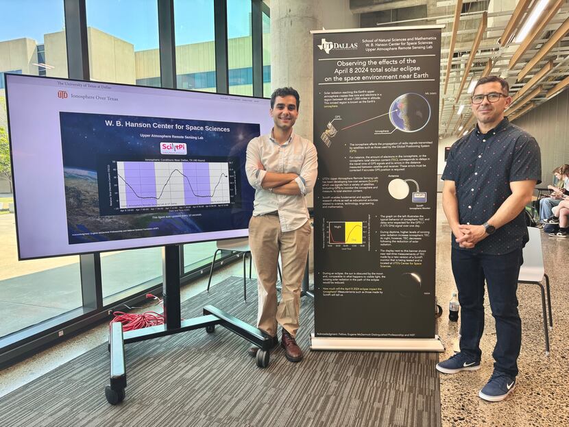 Isaac Wright and Fabiano Rodrigues of the University of Texas at Dallas stand with a plot of...