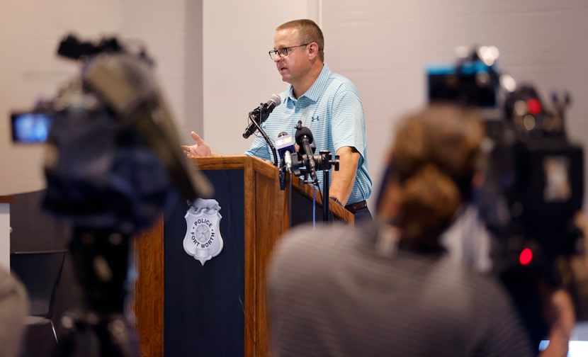 Fort Worth Police Homicide Sgt. Joe Loughman addresses the media at Bob Bolen Public Safety...