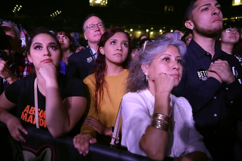 Supporters listen to U.S. Senate candidate Rep. Beto O'Rourke as he concedes the race on...