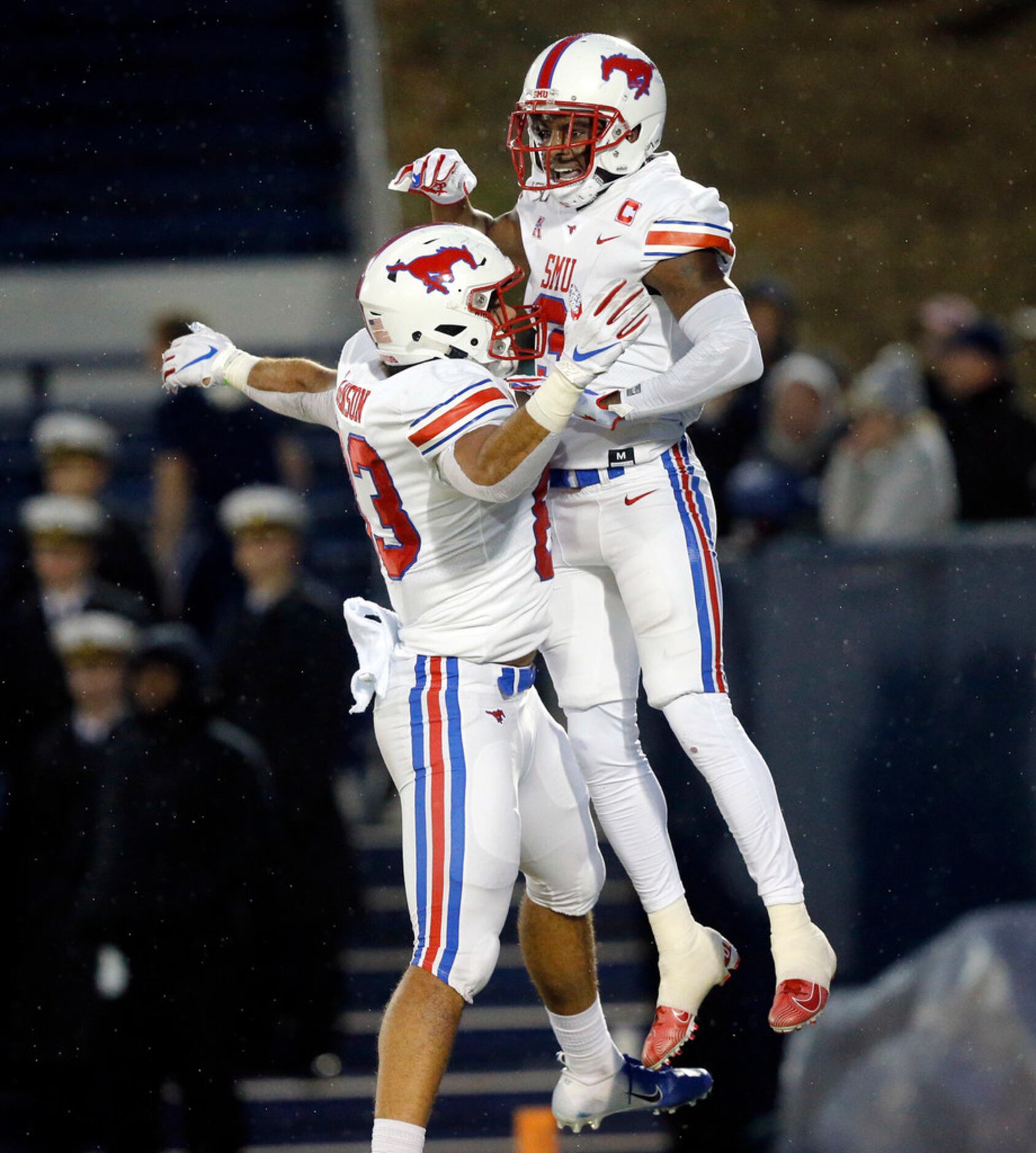 Southern Methodist Mustangs wide receiver James Proche (3) celebrates his second quarter...