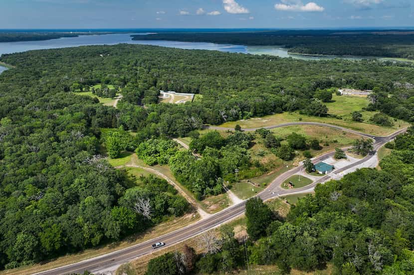 Aerial view of Fairfield Lake State Park with the closed main gate at bottom right on...