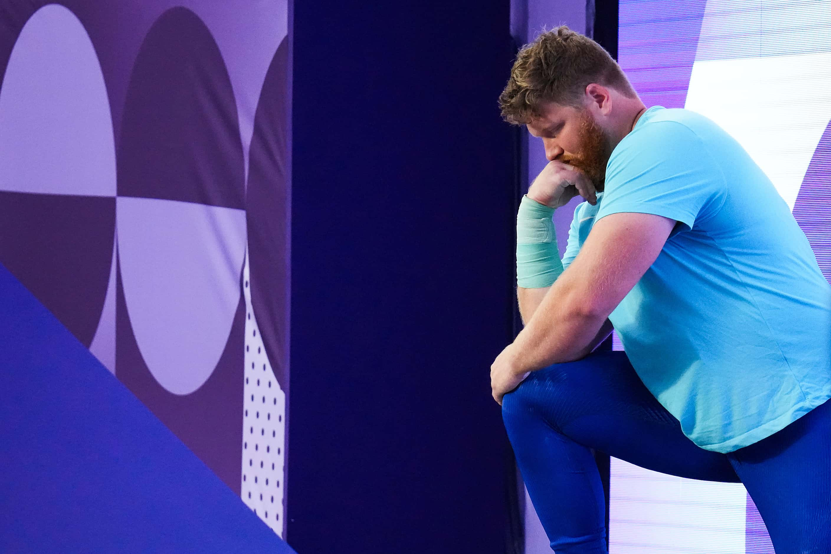 Ryan Crouser of the United States strikes a pose as he is introduced before the men’s shot...