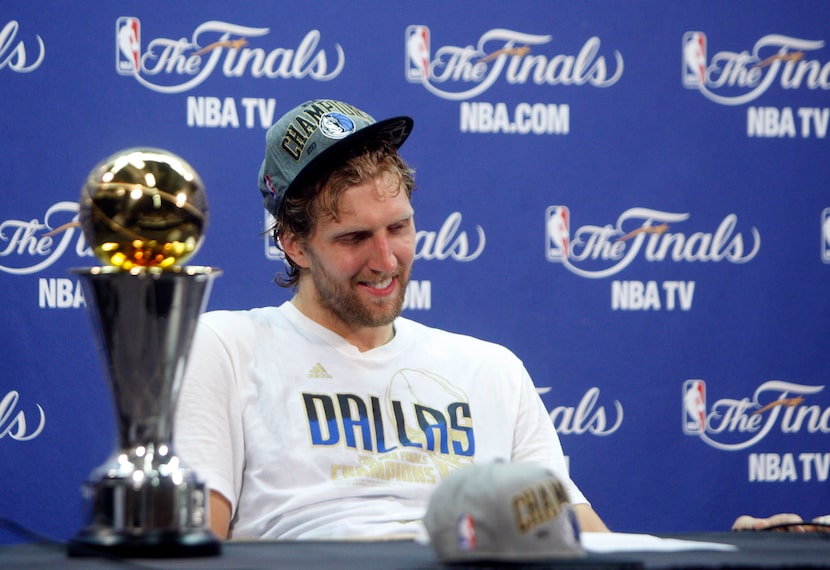 Dallas Mavericks power forward Dirk Nowitzki (41) smiles during an interview after winning...