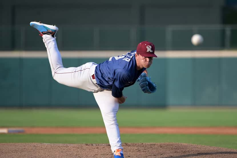 Frisco RoughRiders pitcher Jack Leiter (22) pitches during a minor league baseball game...