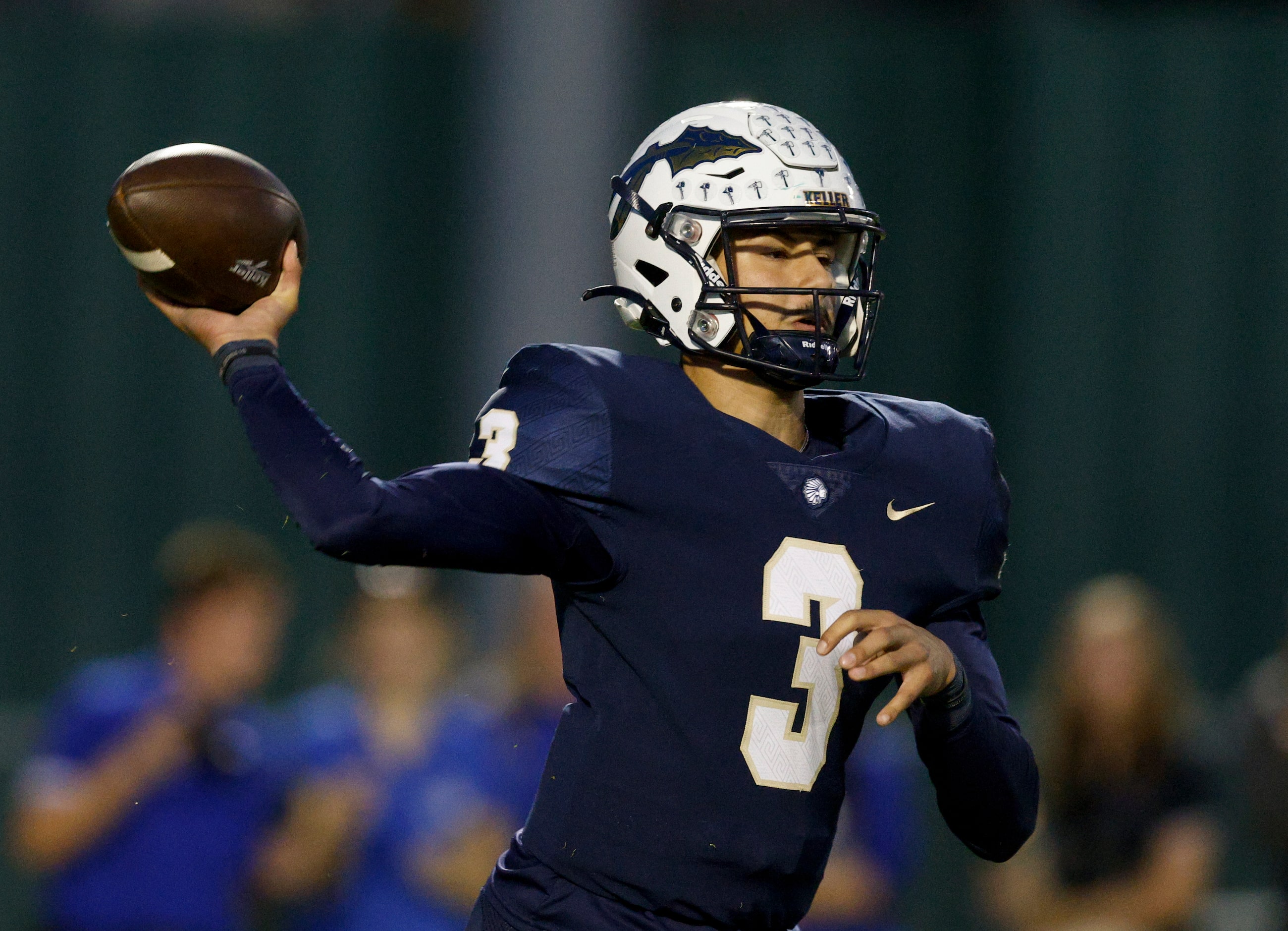 Keller quarterback Tre Guerra (3) throws a pass during the first half of a game against...