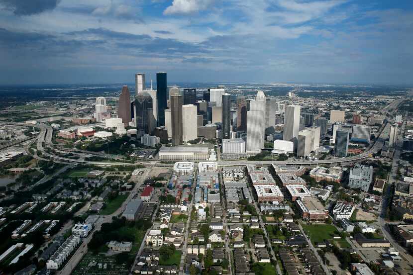 The west side of the downtown Houston skyline is pictured from the air