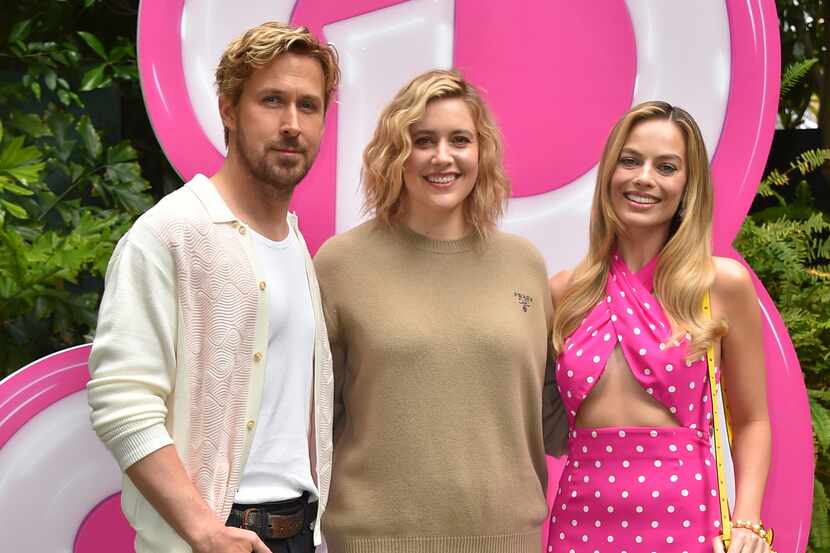 From left: Ryan Gosling, director Greta Gerwig and Margot Robbie are shown at a photo call...
