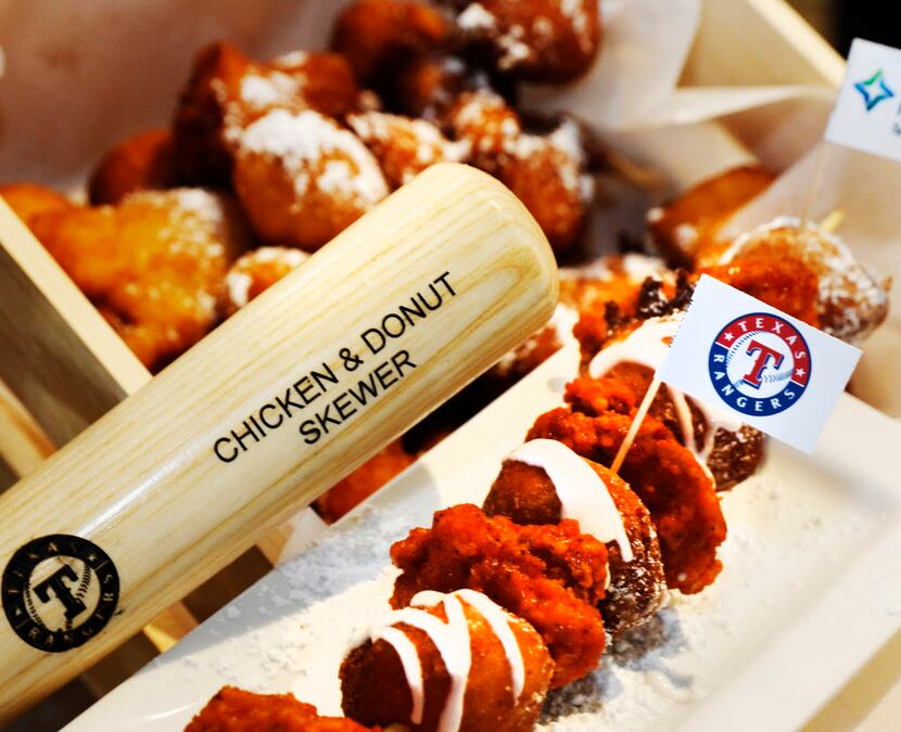 The Chicken and doughnut skewer is a 12-inch stick with doughnut holes and fried chicken...