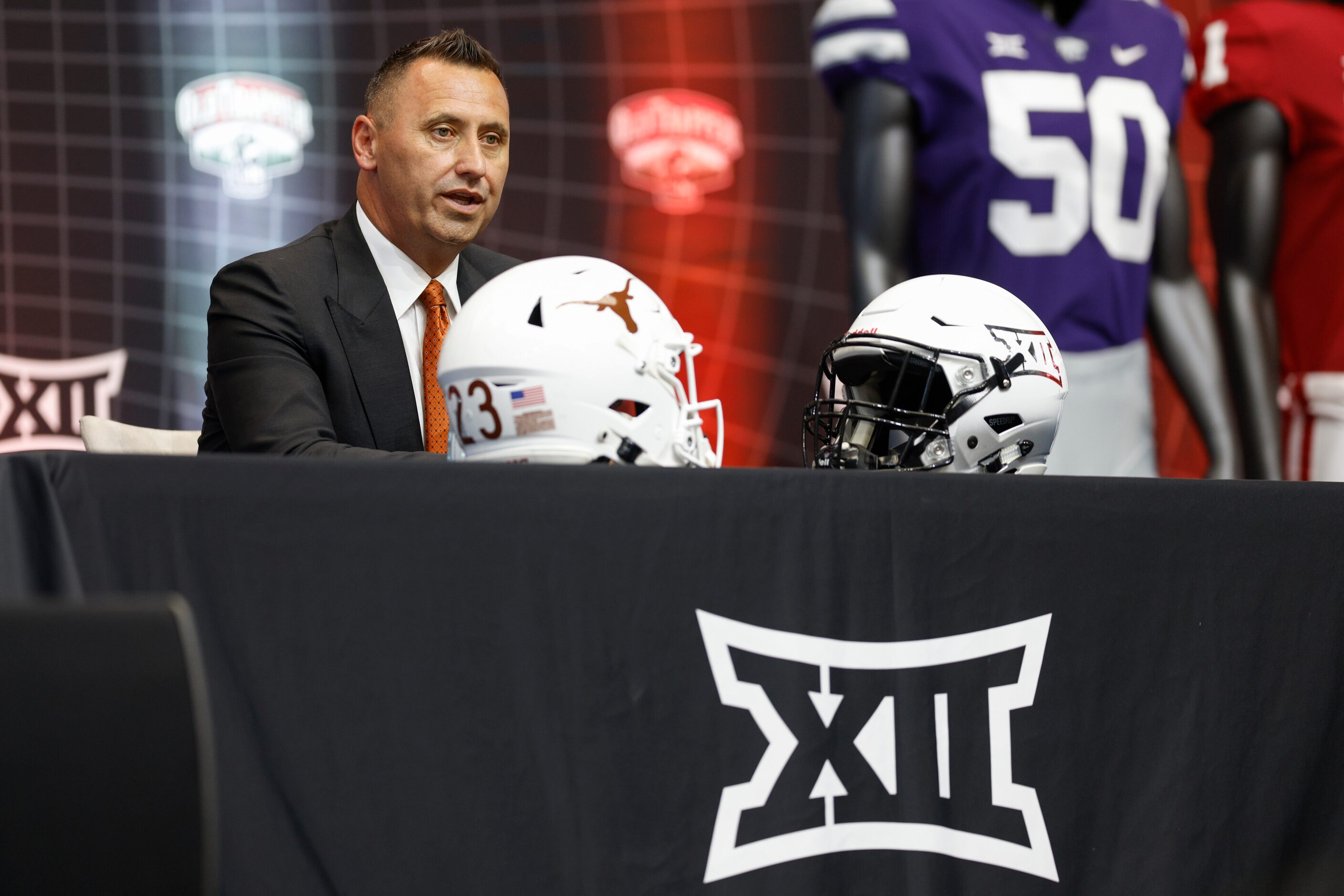 Texas head coach Steve Sarkisian speaks during the Big 12 Media Days at AT&T Stadium,...