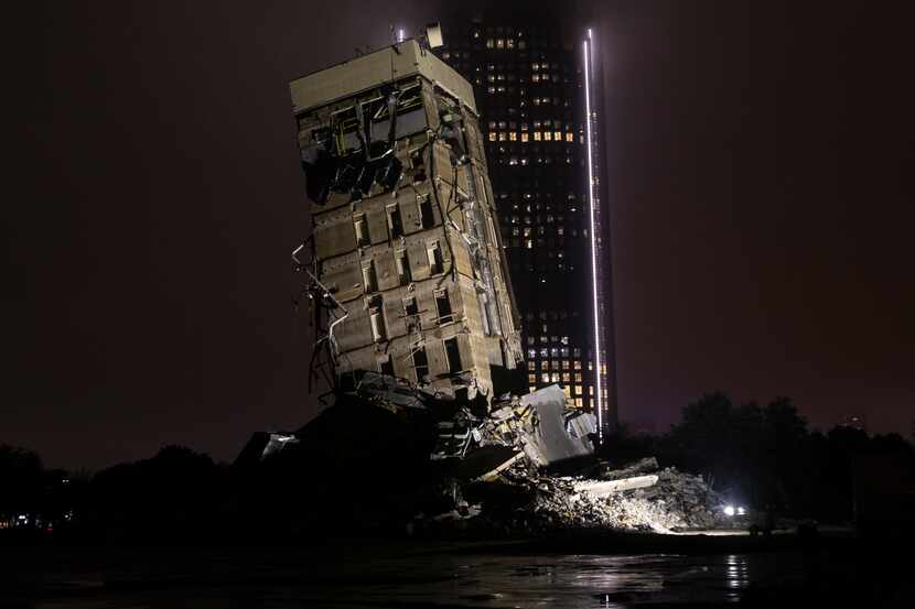 "The Leaning Tower of Dallas" photographed on its final night on Sunday, Feb. 23, 2020 in...