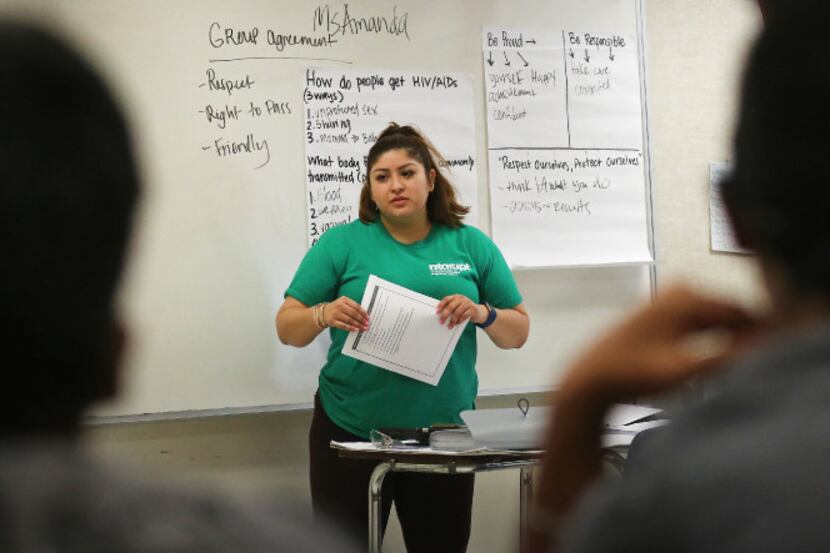 Amanda Mendoza talked with students this summer at Tasby Elementary School during a sex...