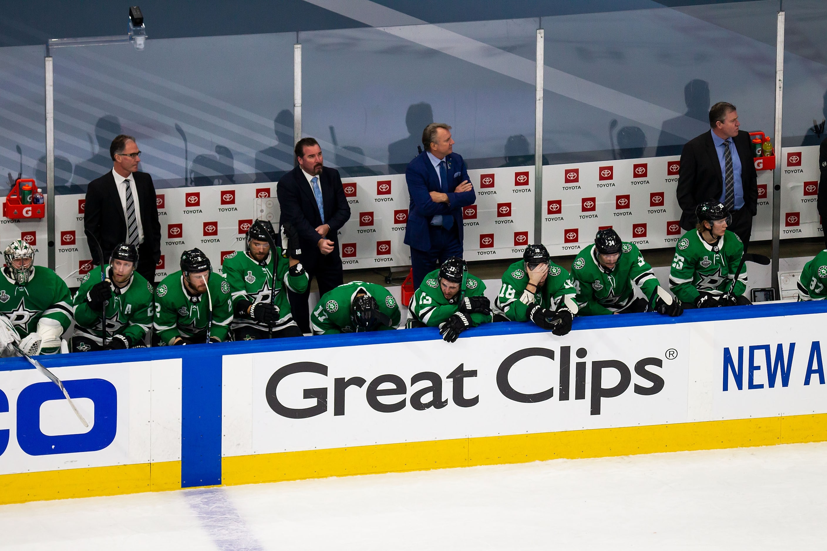 The Dallas Stars react to their loss against the Tampa Bay Lightning during Game Six of the...