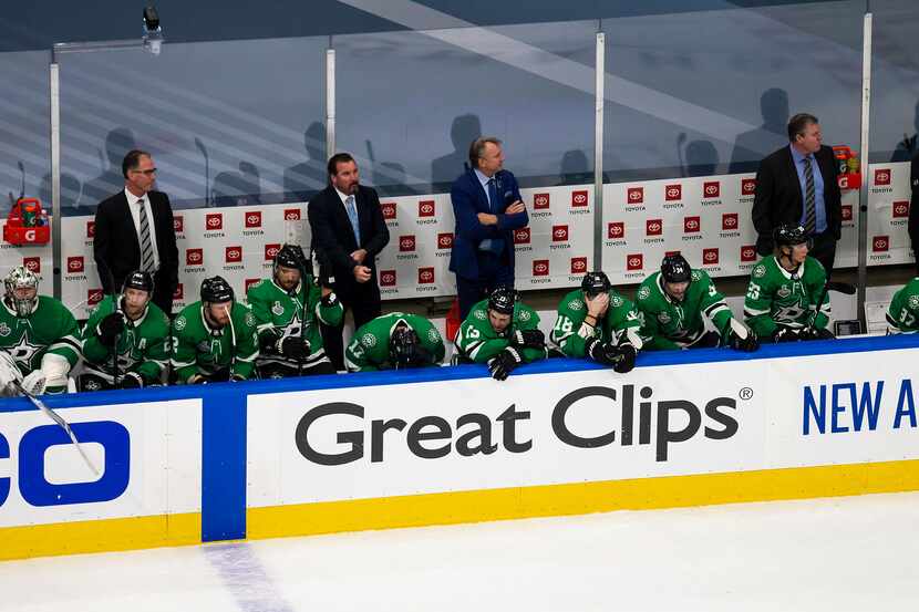 The Dallas Stars react to their loss against the Tampa Bay Lightning during Game 6 of the...