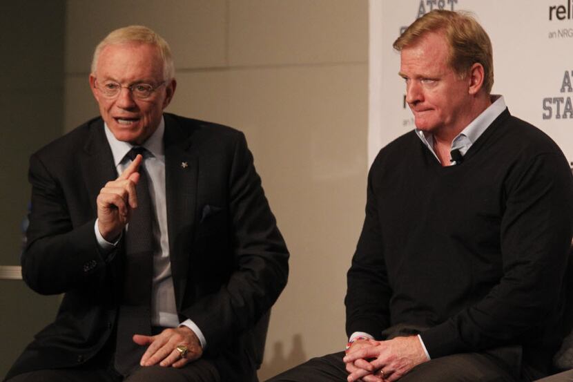 Dallas Cowboys owner Jerry Jones and NFL Commissioner Roger Goodell speak at a Fan Forum...
