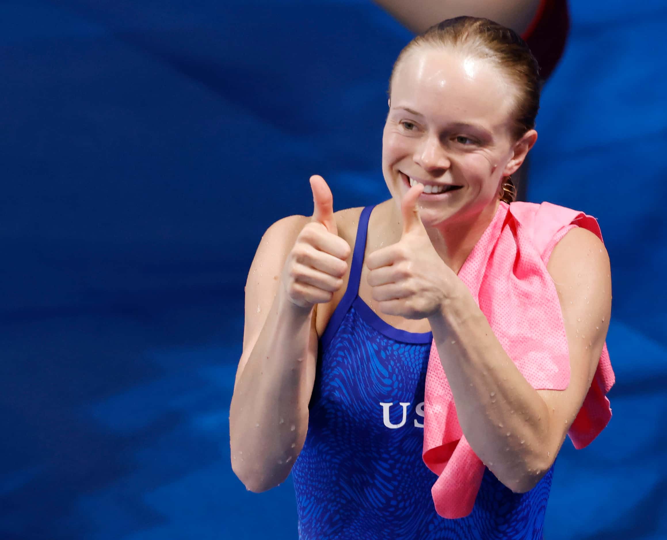 USA’s Krysta Palmer is all smiles after completing her last dive in the women’s 3 meter...