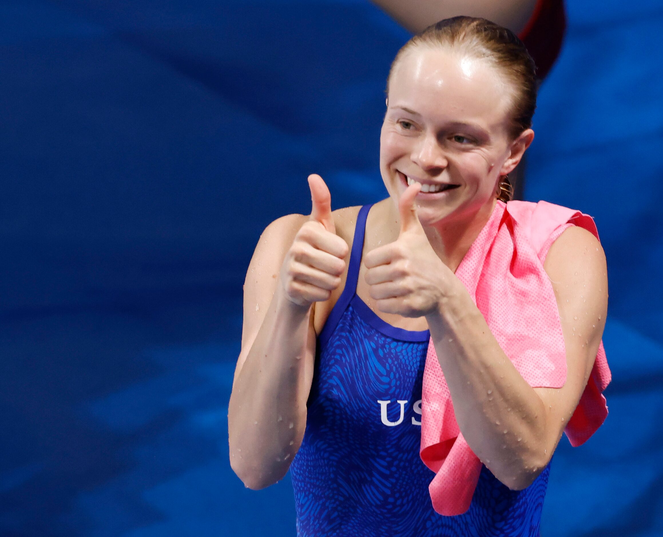 USA’s Krysta Palmer is all smiles after completing her last dive in the women’s 3 meter...