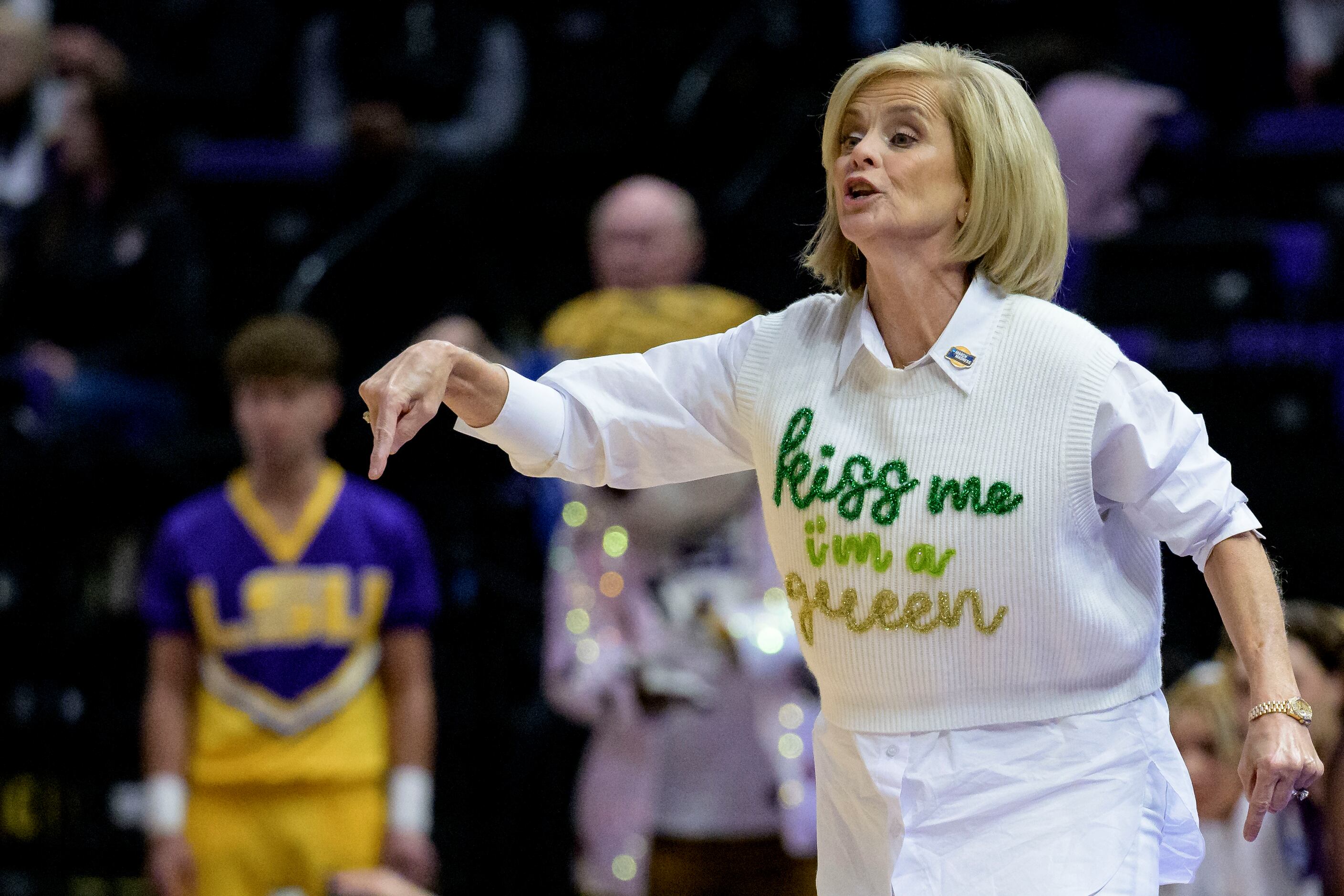 LSU coach Kim Mulkey gestures during the first half of the team's first-round college...