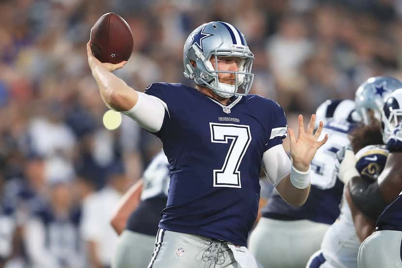 LOS ANGELES, CA - AUGUST 12:  Cooper Rush #7 of the Dallas Cowboys throws a pass during the...