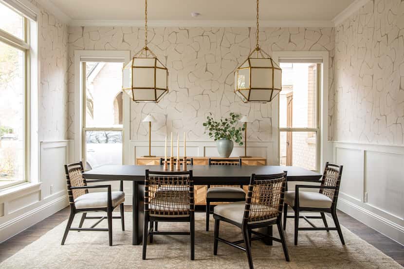 Dining room with two chandeliers