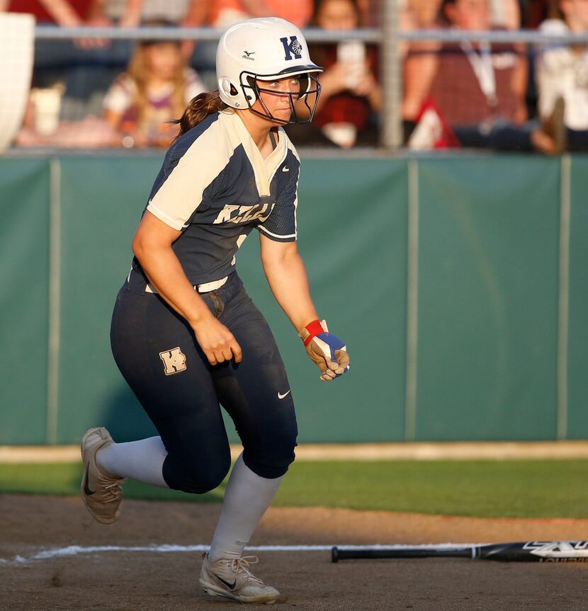 Alexa Langelier (9) runs to first base against Keller at Tina Minke Field in Denton, Texas...