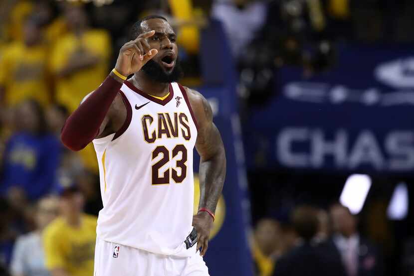 OAKLAND, CA - JUNE 03:  LeBron James #23 of the Cleveland Cavaliers reacts against the...