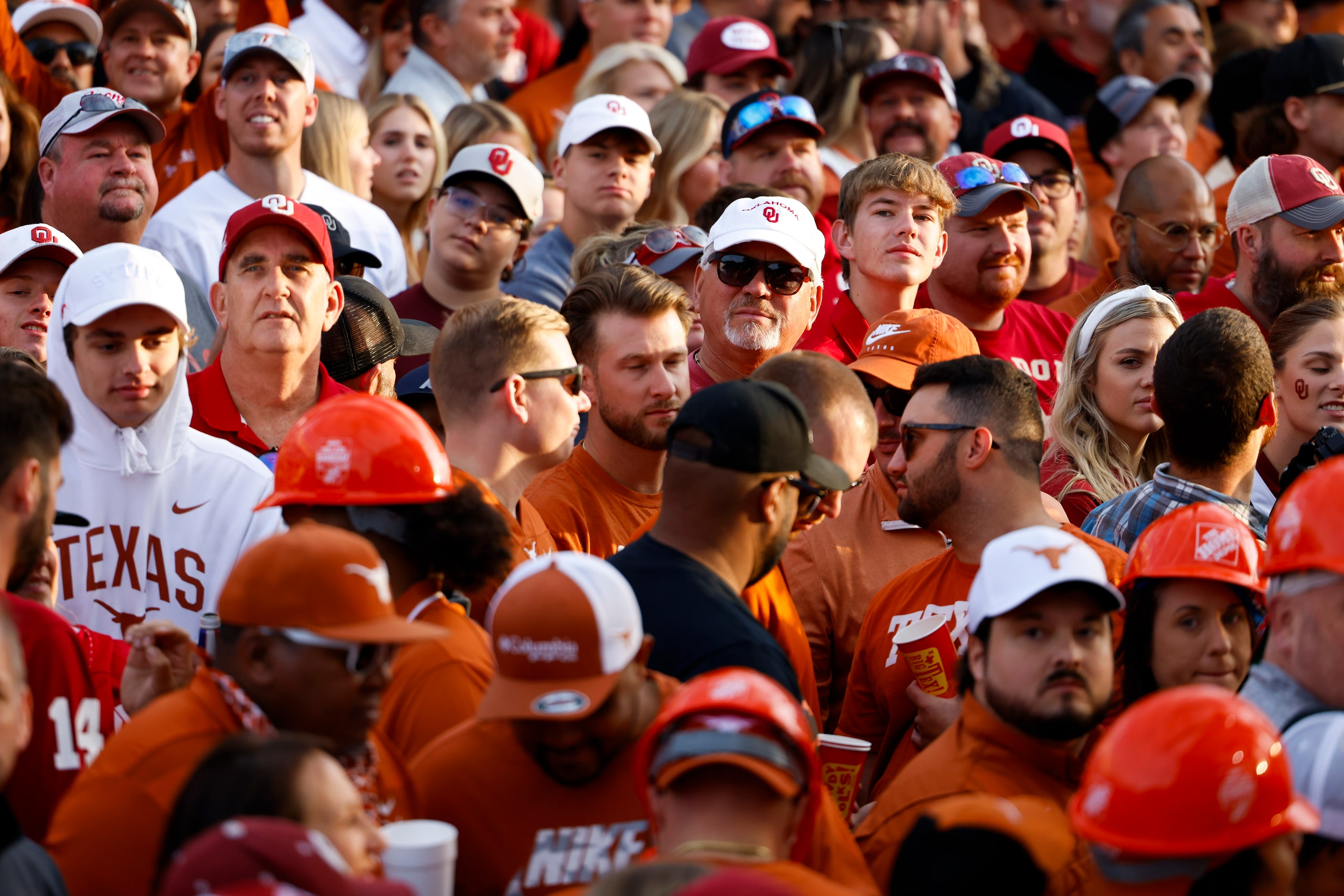 Fans gather ahead of the Red River Showdown outside of the Cotton Bowl for ESPN Game Day, on...