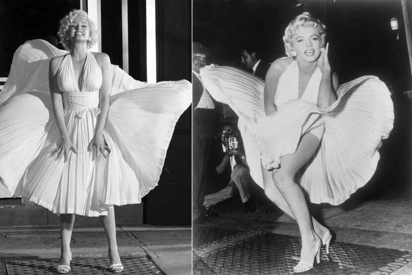 En esta combinación de fotografías, Ana de Armas como Marilyn Monroe en una escena de...