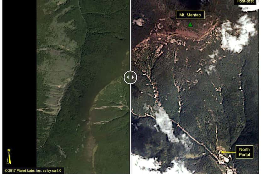 These before-and-after images, courtesy of Planet, show the Punggye-ri test site where on...