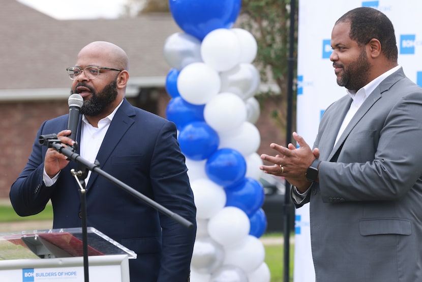 James Armstrong, President and CEO of Builders of Hope, speaks while Dallas Mayor Eric...