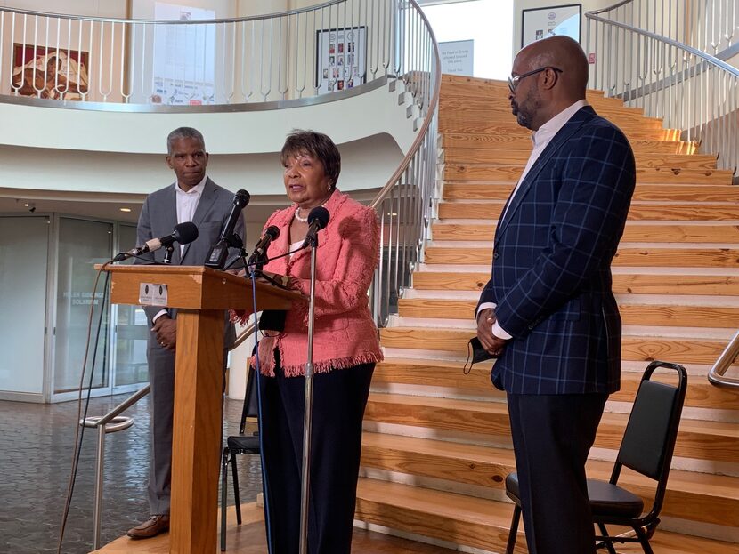 Retiring Rep. Eddie Bernice Johnson (center) stands with Dallas minister Frederick Haynes...