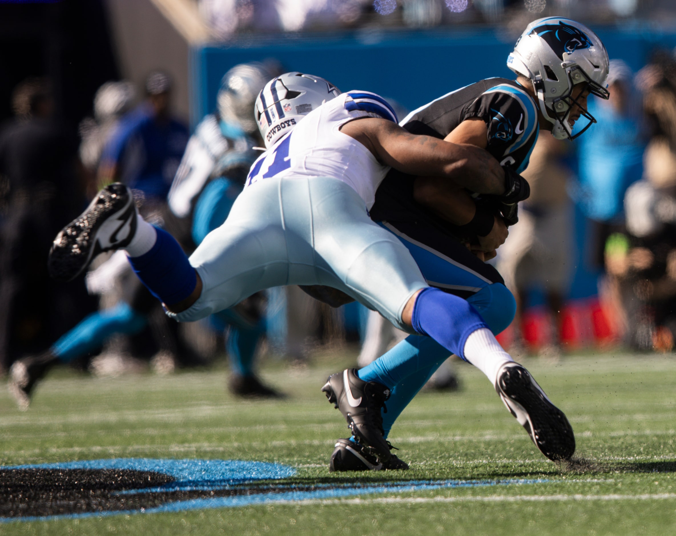 Dallas Cowboys linebacker Micah Parsons (11) sacks Carolina Panthers quarterback Bryce Young...