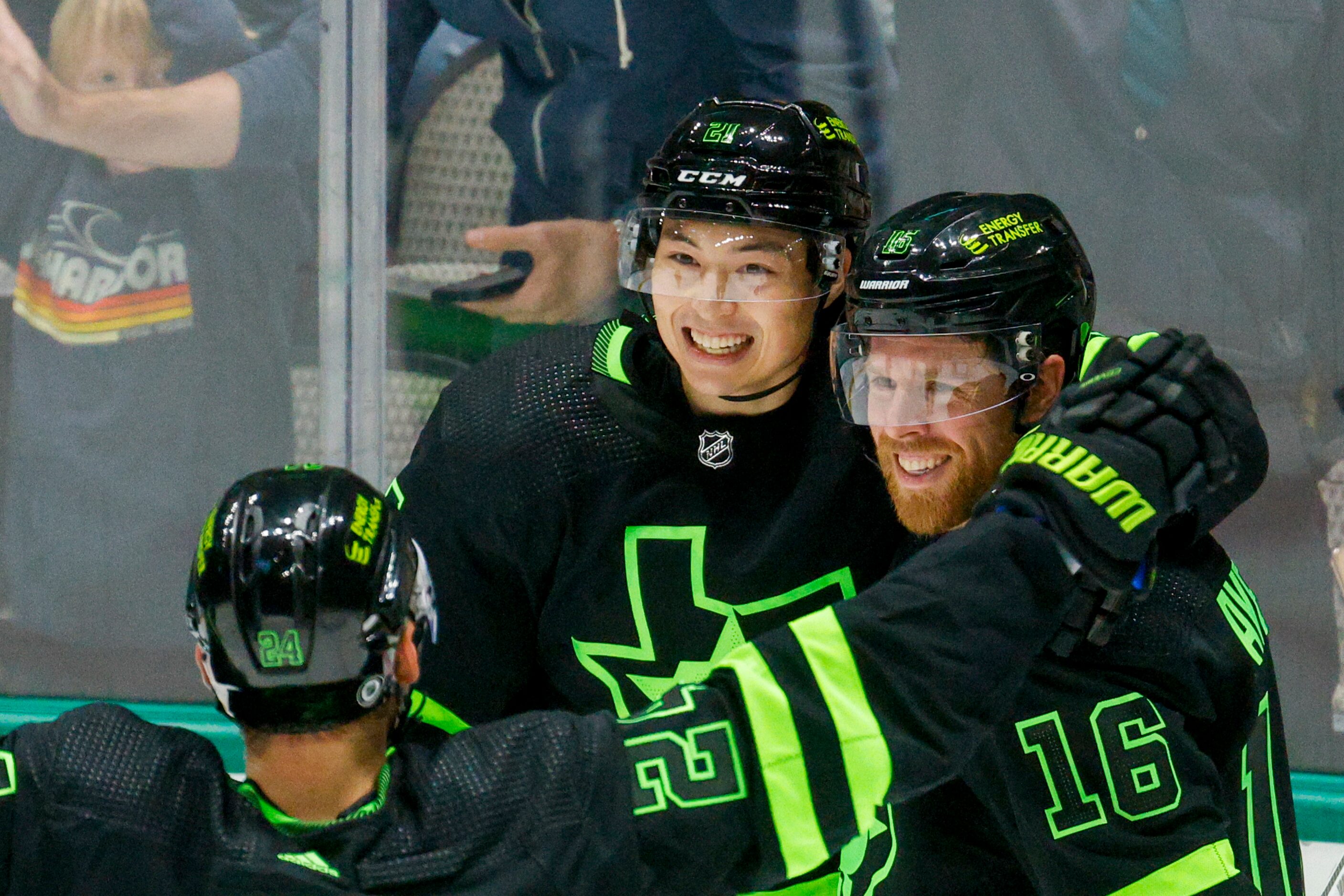 Dallas Stars left wing Jason Robertson (21) celebrates his goal with center Roope Hintz (24)...