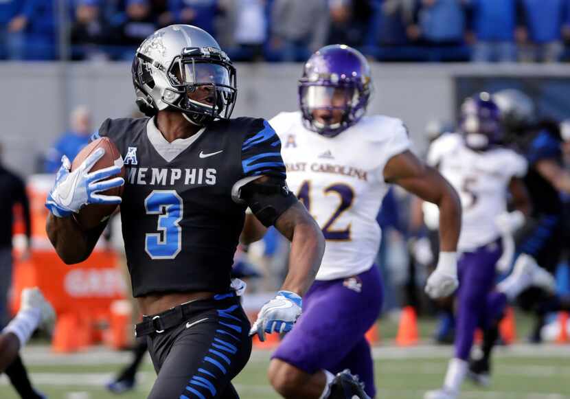 FILE - In this Nov. 25, 2017 file photo, Memphis wide receiver Anthony Miller (3) heads for...