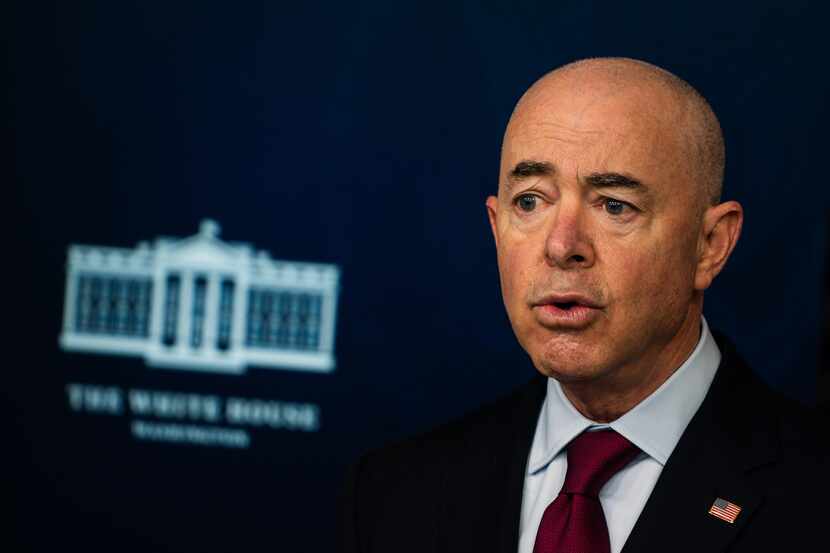 Homeland Security Secretary Alejandro Mayorkas speaks during a White House news briefing on...