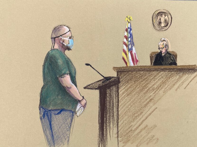 Sketch of Stewart Rhodes during a hearing in U.S. District Court in Plano, Friday, Jan. 14....