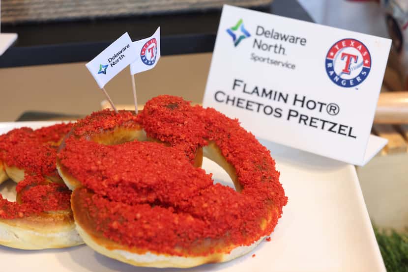 The Flamin Hot Cheetos Pretzel at Globe Life Stadium in Arlington on Monday, March 27, 2023.