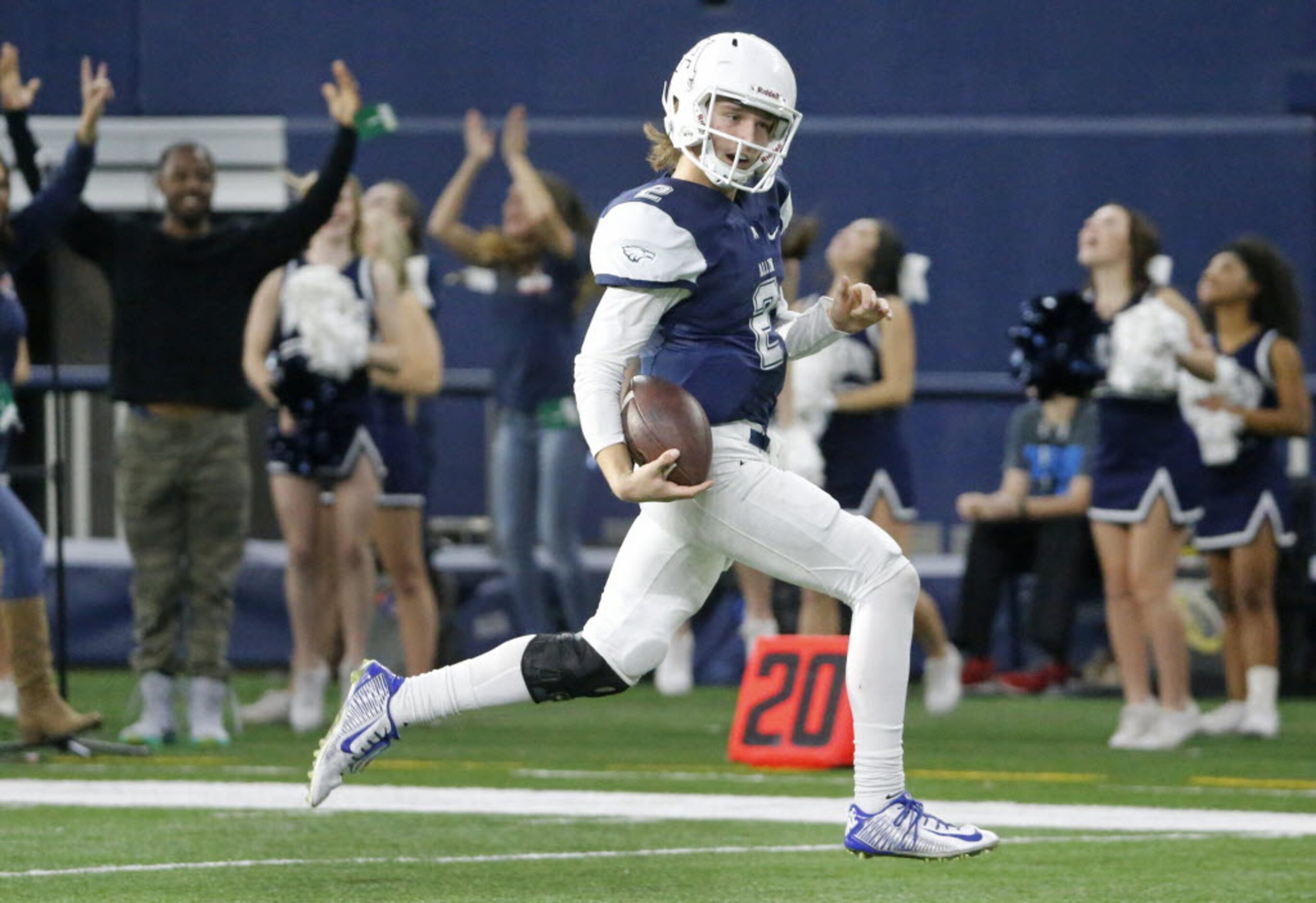 Allen quarterback Mitchell Jonke (2) heads to the end zone on a long touchdown run in the...