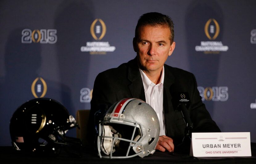 Ohio State head coach Urban Meyer speaks during a press conference the morning after beating...