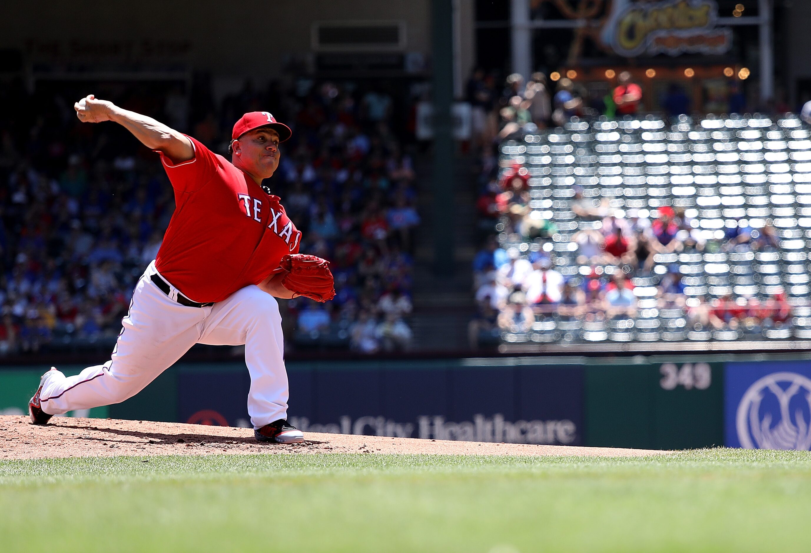 ARLINGTON, TX - MAY 09:  Bartolo Colon #40 of the Texas Rangers throws against the Detroit...