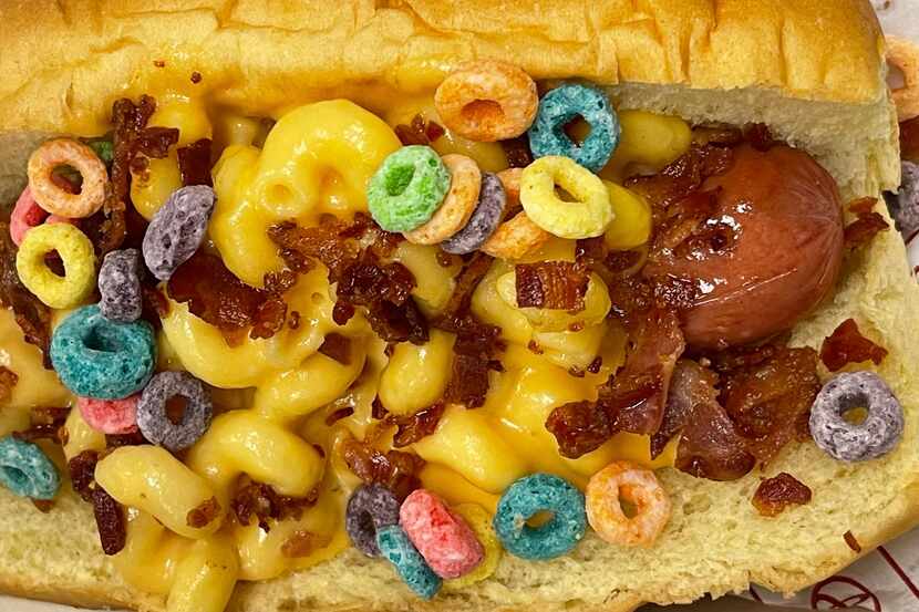 A hot dog topped with bacon, mac and cheese and Froot Loops is being sold at Houston Rockets...
