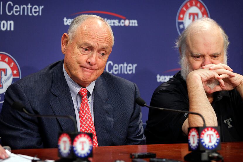 Texas Rangers Chief Executive Officer Nolan Ryan pauses during an answer as he talks of his...