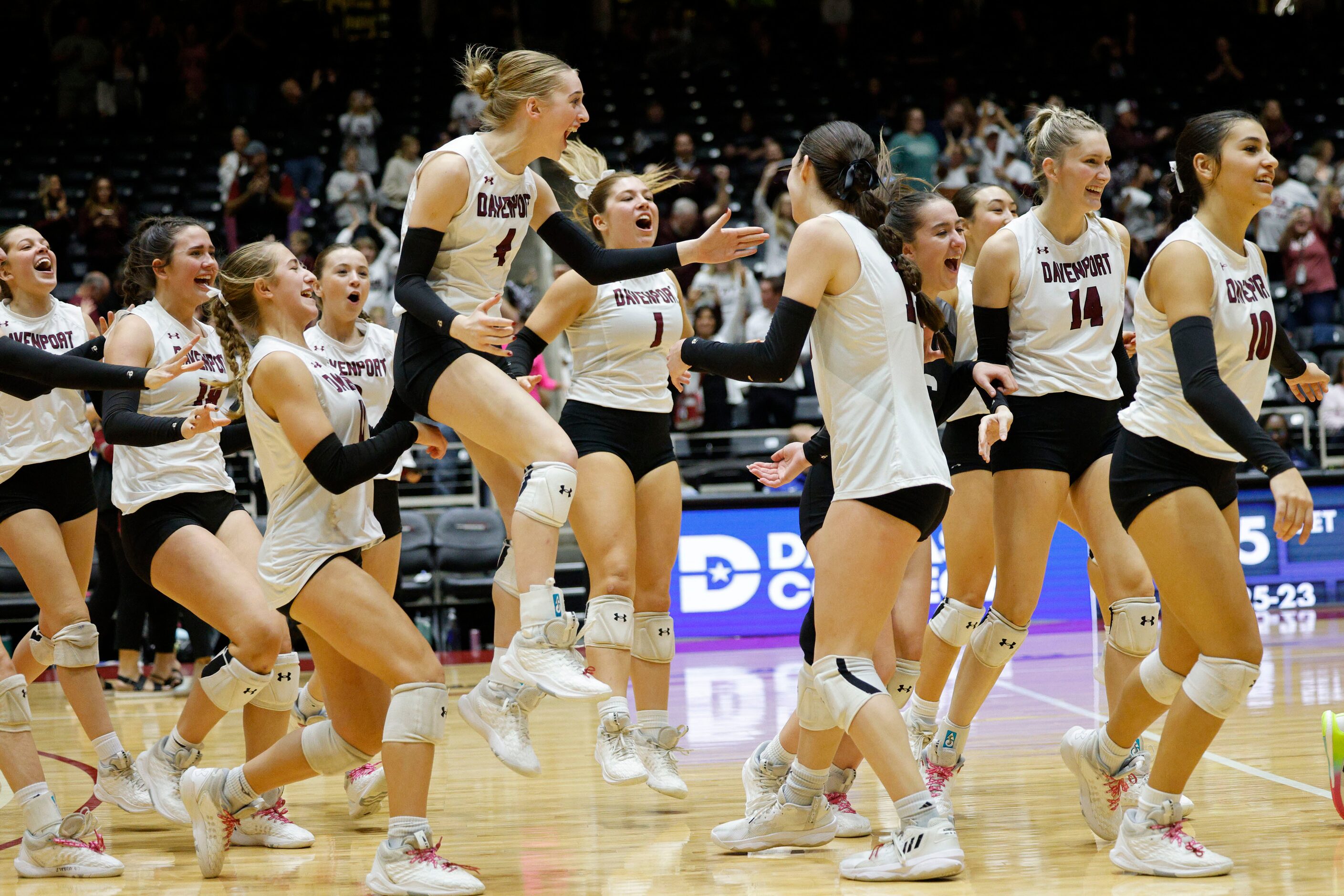 Comal Davenport players celebrate their victory against Celina after a UIL class 4A...