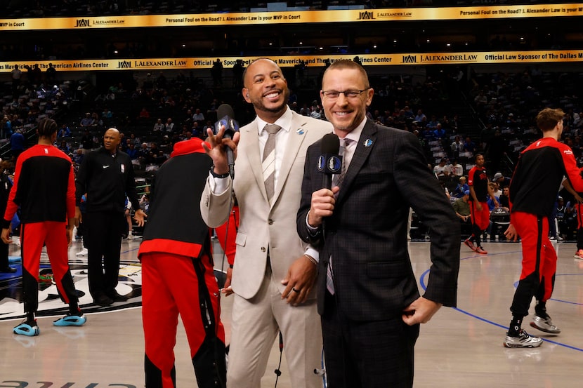 MavsTV talents Devin Harris, former Mavericks player, left, and Mark Followill stand...