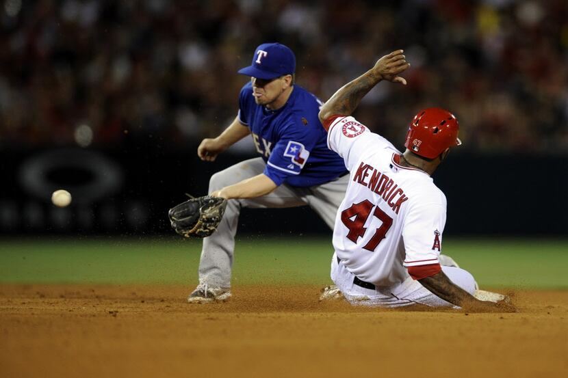 May 2, 2014; Anaheim, CA, USA; Los Angeles Angels second baseman Howie Kendrick (47) slides...