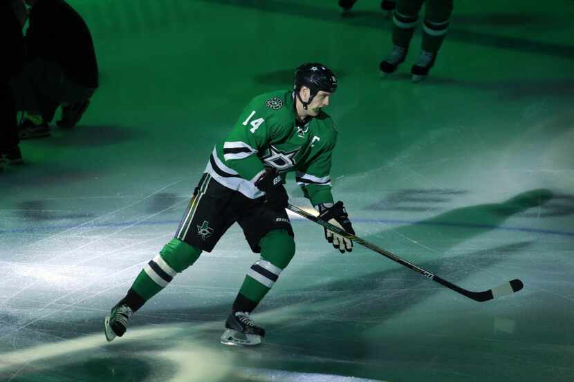 Dallas Stars left wing Jamie Benn (14) takes the ice to face the St. Louis Blues before Game...
