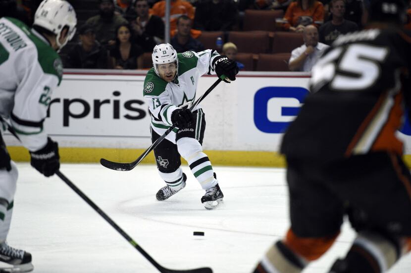 Apr 25, 2014; Anaheim, CA, USA; Dallas Stars left wing Ray Whitney (13) attempts a shot...