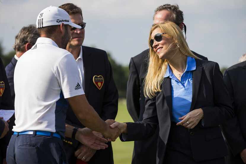 Irving Mayor Beth Van Duyne congratulated golfer Sergio Garcia after he won the AT&T Byron...