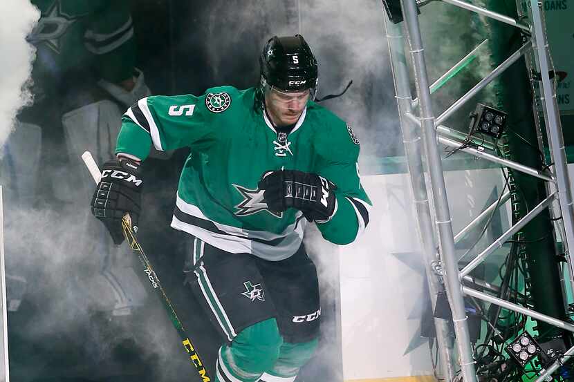 Dallas Stars defenseman Jamie Oleksiak (5) comes out of the tunnel before the Stars play...